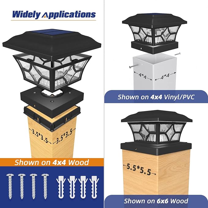 APONUO 4x4 Solar Post Cap Lights 4 Pack - 6x6 Post Cap Solar Light, 2-Mode, IP64 Waterproof, Post Lights Solar Powered for 4x4 5x5 6x6 Wood/Vinyl Posts, Black