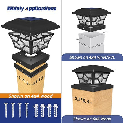 APONUO Solar Post Cap Lights 8 Pack with 1000mAh Battery - for 4x4 5x5 6x6 Fences, Larger Size & Longer Lasting, 2-Mode, IP64 Waterproof, for Fence Deck Patio Porch Yard (Black)