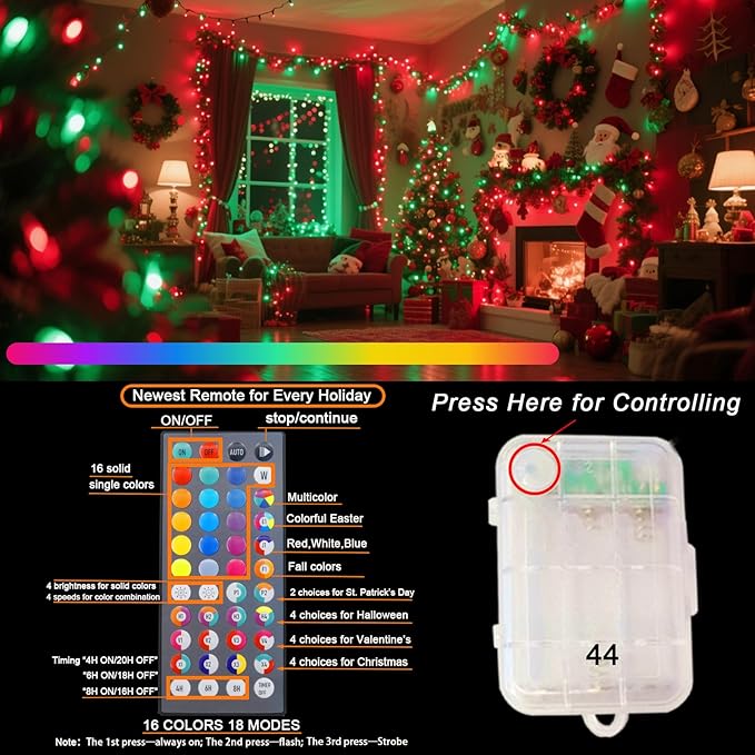 Color Changing Christmas Lights with Remote, 2 Pack Total 66.6 FT 200 LED Battery Powered String Lights Classroom Decoration, 34 Colors Outdoor Fairy Lights for Bedroom Dorm Yard Tree Party Decor
