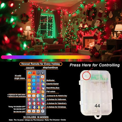 Color Changing Christmas Lights with Remote, 2 Pack Total 66.6 FT 200 LED Battery Powered String Lights Classroom Decoration, 34 Colors Outdoor Fairy Lights for Bedroom Dorm Yard Tree Party Decor