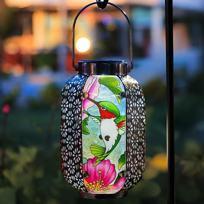 Hummingbird Solar Lantern Outdoor Hanging Lights – Waterproof Metal Garden Decor with Stained Glass, LED Solar Decorative Lamp for Patio, Yard, Porch, Pathway, Gardening Gifts for Mom, Grandma, Women