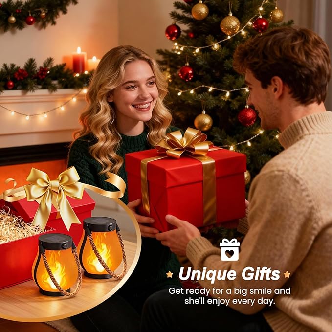 Hompavo Gen2 Solar Lanterns Outdoor with Ultra-Real Flame, Dual Charging (USB/Solar) & 2 Modes - Waterproof Decorative Hanging/Table Lights for Yard Patio Garden Gift Halloween Christmas Decoration, 4