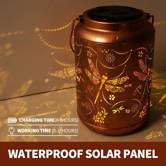 Dragonfly Solar Lanterns Outdoor,Metal Hanging Solar Lights with Dragonfly Projection-Waterproof Garden Decor for Yard,Patio,Backyard,Porch-Gifts for Women,Mom,Grandma,Sister
