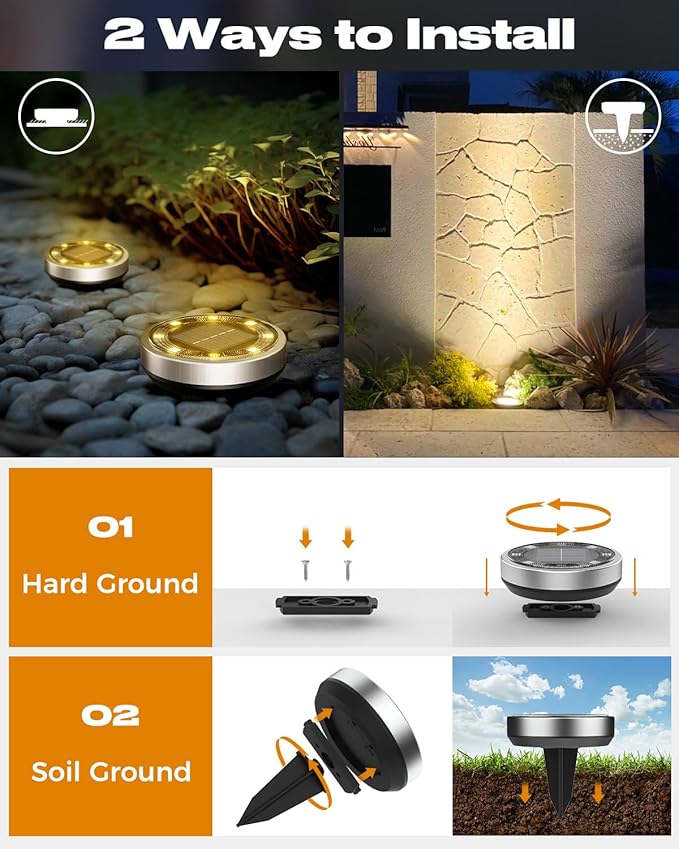 btfarm 16 Pack Solar Lights Outdoor, 8 LED Solar Ground Lights IP65 Waterproof Flat Solar Disc Light, Pathway Lights for Garden Lawn Patio Yard Path Landscape, Warm White