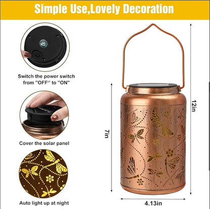 2 Packs Dragonfly Solar Lanterns Outdoor Waterproof, Dragonfly Gifts for Women Mom Grandma Metal Hanging Solar Lanterns for Patio Porch Garden Decor