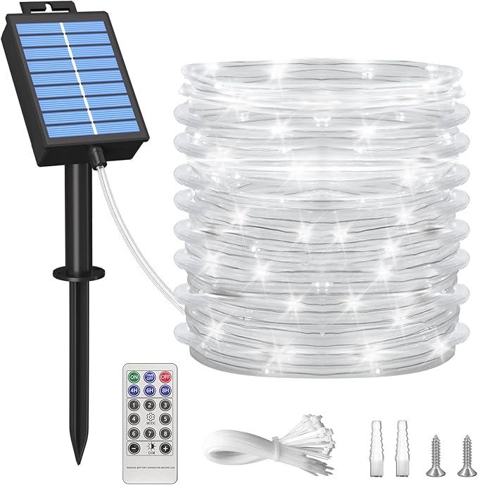 ICRGB Solar Rope Lights Outdoor, 39FT 100 LED Solar Rope Lights,IP67 Waterproof, 8 Modes, Outdoor Patio Porch Tree Wedding Christmas Pool Garden Decorative (Cool White, 39FT)