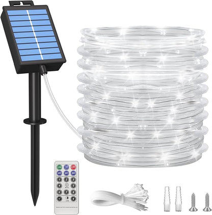 ICRGB Solar Rope Lights Outdoor, 39FT 100 LED Solar Rope Lights,IP67 Waterproof, 8 Modes, Outdoor Patio Porch Tree Wedding Christmas Pool Garden Decorative (Cool White, 39FT)
