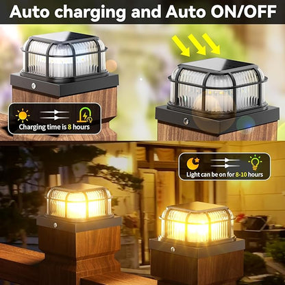Solar Post Light 4 Packs with Two Light Modes, Includes 4x4, 5x5 and 6x6 Base for Vinyl/Wooden Posts, Bright 16 LEDs Cap Lights Decorate Deck, Patio, Porch, Fence (Black)
