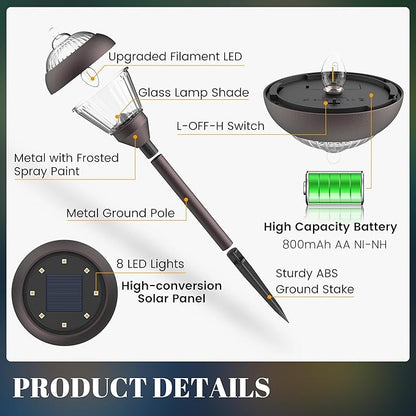 SOLPEX Solar Pathway Lights Outdoor Waterproof Solar Powered Pathway Lights - Glass & Metal Bronze Design with 2 Lighting Modes for Garden, Yard, Walkway, Driveway, Patio (4 Pack, Warm White)