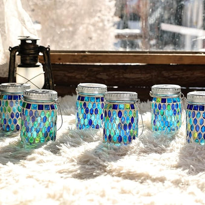 Cooo 4 Pack Mosaic Lanterns Outdoor Waterproof with 215% Larger Solar Panel, Never Rust Lids, True Capacity Battery- Solar Mason Mosaics Jar Lantern for Patio Garden Yard Balcony Christmas Decorations