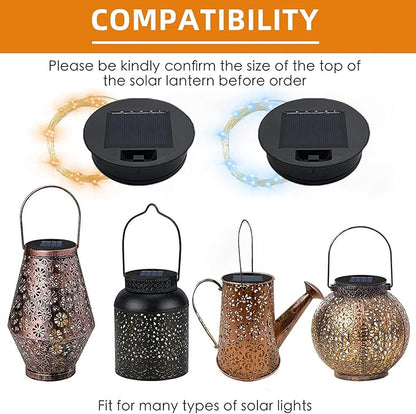 Solar-Replacement Top Lantern Waterproof String - 2 Packs Round Panels Copper Wire Accessories for Garden Watering Can Lights Outdoor Handling Lantern DIY Patio Housewarming Decorations (Cold/Warm)
