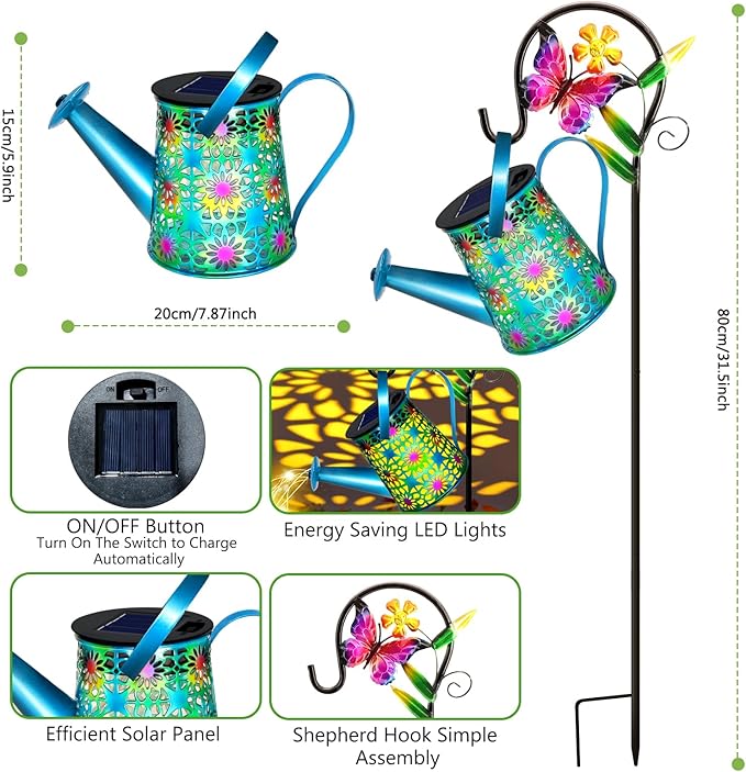 Solar Lights Outdoor Decorative, Blue Metal Solar Watering Can Lights Waterproof, Gifts for Women Mom Grandma Birthday, Hanging Lantern Decoration Garden Decor Yard Light for Outside Patio Lawn Porch