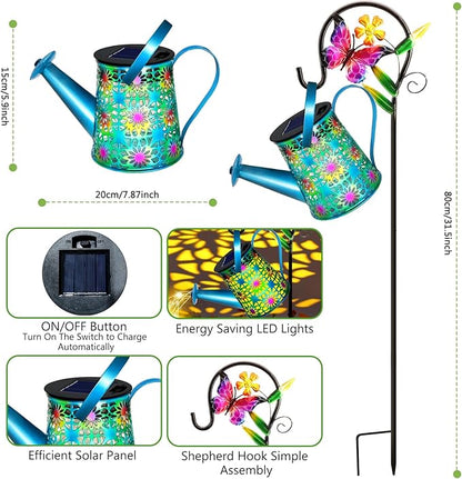 Solar Lights Outdoor Decorative, Blue Metal Solar Watering Can Lights Waterproof, Gifts for Women Mom Grandma Birthday, Hanging Lantern Decoration Garden Decor Yard Light for Outside Patio Lawn Porch