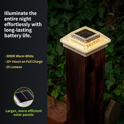 Glass Solar Post Cap Lights with Frosted Style - Decorative Deck Fence Lights for 4x4 5x5 Posts Hidden Solar Panel, Modular Design, 10Hr Runtime, IP65, Warm White, White, 8 Pack