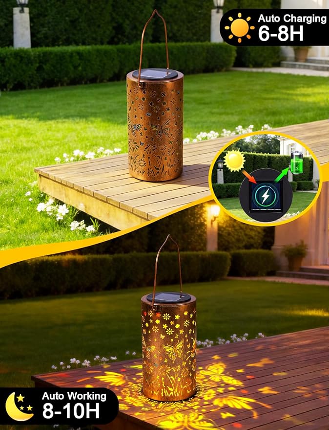 Sunflower Solar Lanterns Outdoor Waterproof, Metal Lantern Garden Lights with Color Projection, Garden Decor Gifts for Mom Women Mother Grandma, Hanging Solar Lights for Yard Porch Patio (Butterfly)
