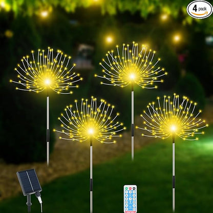 Solar Garden Lights Outdoor Waterproof, 4 Pack Total 480 LED Solar Firework Lights Decorative with 8 Lighting Modes Outside for Yard Pathway Flowerbed Decor, Warm White