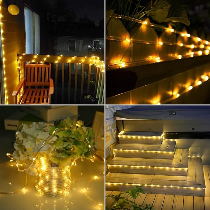 Solar Rope Lights, 2 Pack Total 66ft 200LED Solar String Lights, 8 Modes Waterproof Solar Powered Outdoor Light, Flexible Clear Tube Light for Garden Yard Patio Deck Porch Pool Tree Decor - Warm White