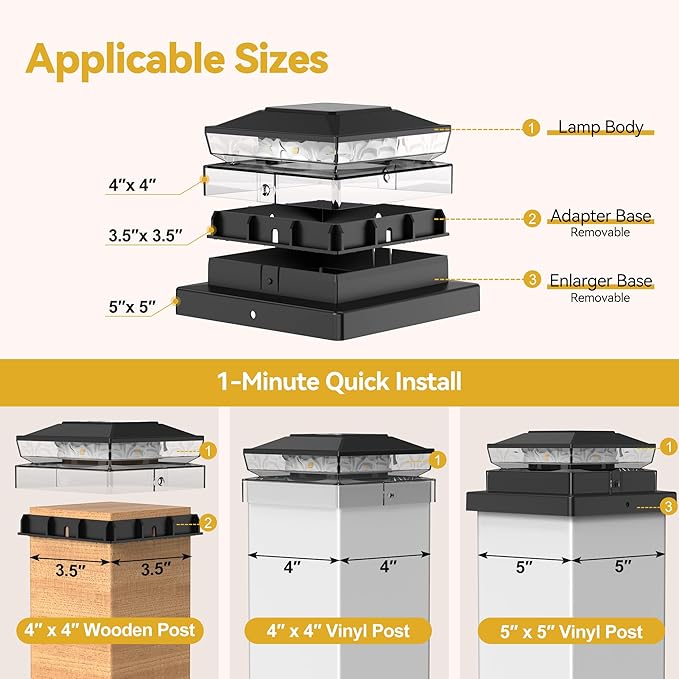 Solar Post Cap Lights, 2 Pack Upgraded Outdoor Deck Fence Post Solar Lights for 4x4 5x5 Wood/Vinyl Posts, IP65 Waterproof, 10-12 Hours Warm White Glow for Garden/Patio/Porch - Black
