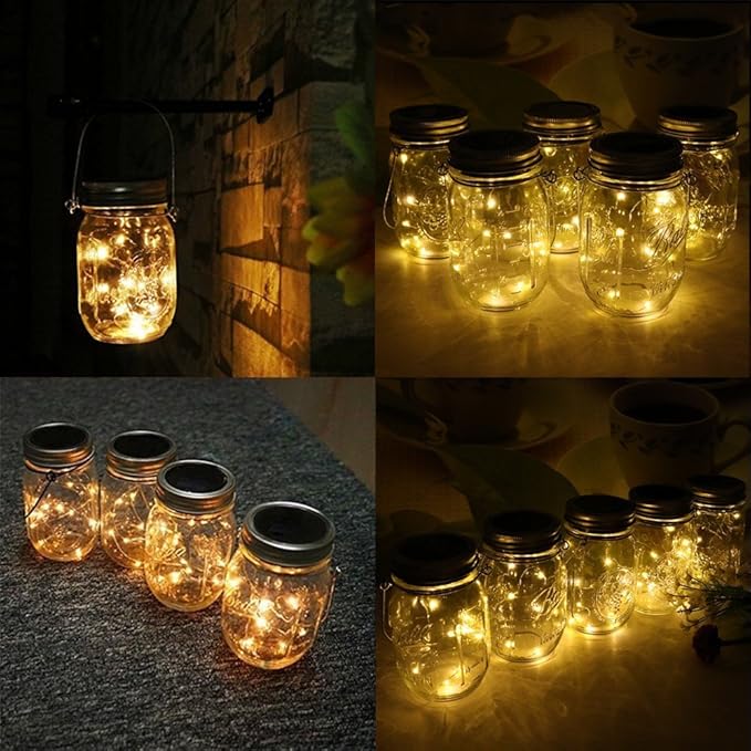 4-Pack Solar-powered Mason Jar Lights (Mason Jar / Handle Included),20 Bulbs Jar Hanging Light,Garden Outdoor Solar / Hanging Lantern,Decor Solar Light,Table Light,Patio Path Light,Warm White