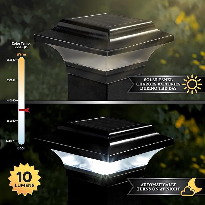 Classy Caps Imperial Solar Post Cap - Black SLO82B – Fits 2"x2", 2.25"x2.25", and 2.5"x2.5" Post Sizes, High-Performance Solar LED, Durable Cast Aluminum Construction, Warm & Cool Light Modes