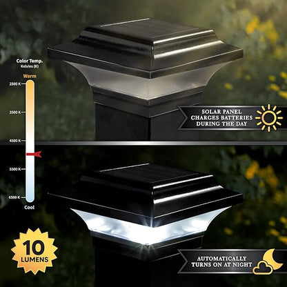 Classy Caps Imperial Solar Post Cap - Black SLO82B – Fits 2"x2", 2.25"x2.25", and 2.5"x2.5" Post Sizes, High-Performance Solar LED, Durable Cast Aluminum Construction, Warm & Cool Light Modes