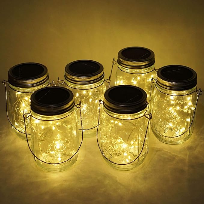 Solar Mason Jar Lights, 6 Pack 20 LED Fairy String With 6 Hangers (No Jars), Waterproof Firefly Lantern for Outdoor, Wedding, Patio, Garden, Party, Christmas Decor (Warm White)