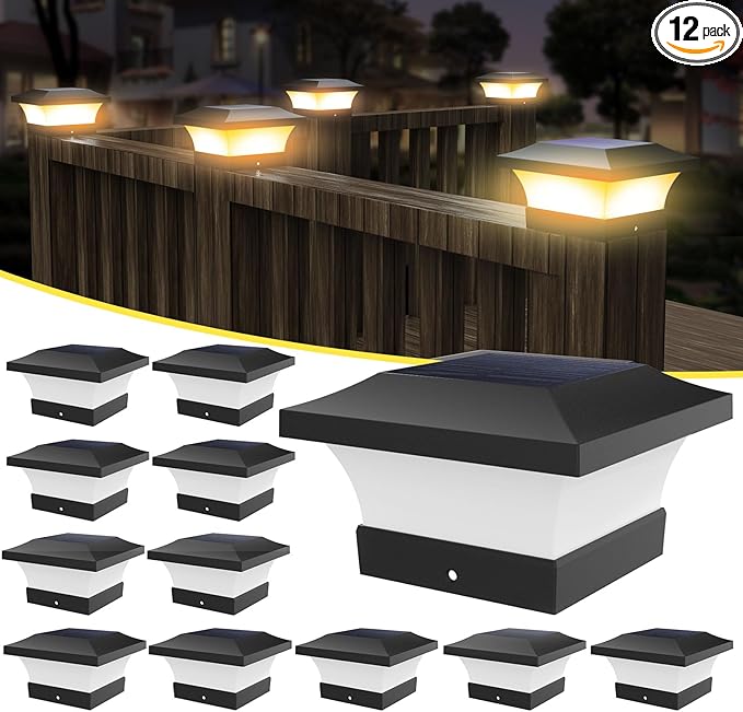 Solar Post Cap Lights 12-Pack, Waterproof LED