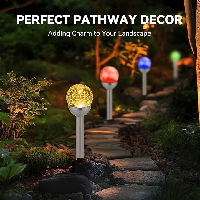 Solar Lights Outdoor, 6 Pack LED Color Changing, Stainless Steel, IP66 Waterproof, Crystal Cracked Glass Solar Garden Lights, Christmas Lights Outdoor for Landscape, Yard, Walkway, Pathway, Multicolor