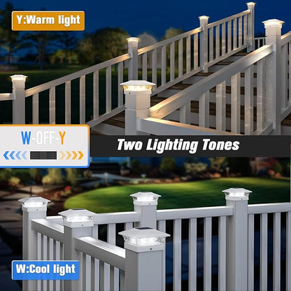Solar Post Cap Lights Outdoor 12pack, Waterproof Fence Post Lights with 16 Ultra Bright LEDs Fit 4x4/5x5/6x6 Wood/Vinyl Posts, White Deck Post Lights with Warm/Cool White for Garden Patio Porch Yard