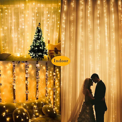 2 Pack Solar Curtain Lights Outdoor Garden Fairy String Lights 300 LED 8 Modes Remote Control Waterproof Solar Waterfall Lights for Gazebo Patio Party Festival Wedding Christmas Decorations(Warm)