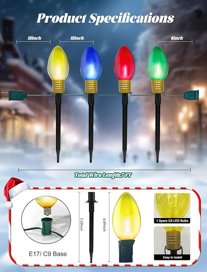 C9 Christmas Multicolor Pathway Lights, 7Ft Outdoor Christmas Pathway Markers Stakes Lights with 4 Jumbo C9 Multicolor LED Bulbs, Connectable Xmas Walkway Light for Driveway Yard Lawn Garden
