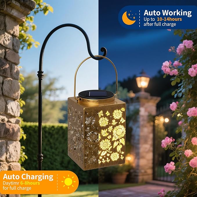 2 Pack Solar Lanterns - Waterproof Metal Hanging Solar Lights Outdoor Decorative, Solar Powered LED Lamp for Patio Tabletop Porch Deck Yard Garden Decor for Outside (Sunflower)