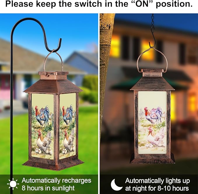 Solar Lanterns for Garden Decor,Waterproof Design Ideal Birthday Gifts for Women, Mom, and Grandma Solar LED Hanging Lights for Yard, Patio, Lawn, and Porch(Rooster + Hen)