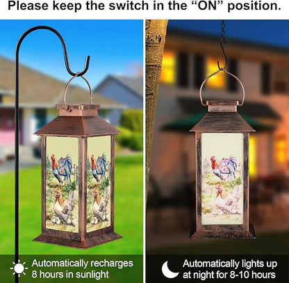 Solar Lanterns for Garden Decor,Waterproof Design Ideal Birthday Gifts for Women, Mom, and Grandma Solar LED Hanging Lights for Yard, Patio, Lawn, and Porch(Rooster + Hen)