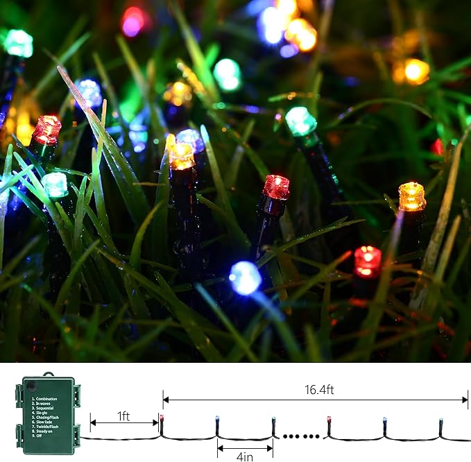 Battery Operated Christmas Lights - 4 Pack Total 66ft 200 LED Battery String Lights 8 Modes Waterproof with Timer for Home, Garden, Party, Holiday, Christmas Tree Decoration (Green Wire, Multicolor)