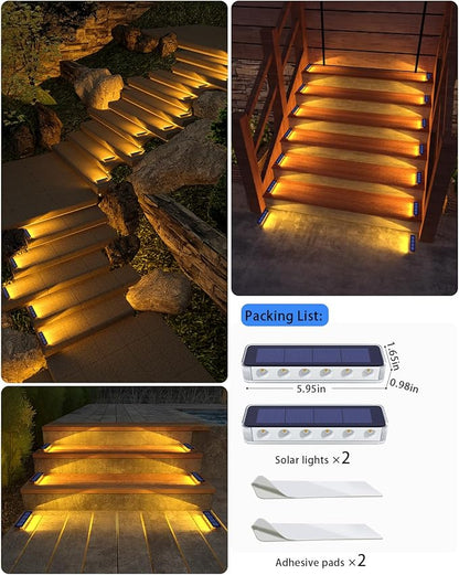 Solar Step Lights for Outside, 2 Pack Solar Stair Lights, Warm White Outdoor Deck Light Waterproof, Outdoor Light Solar Powered for Deck, Dock, Pathway, Porch, Path, Ground, Backyard