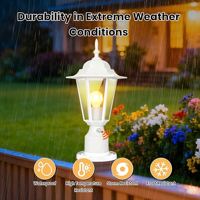 15" Dusk to Dawn Outdoor Post Light, Modern White Outdoor Lamp Post Light Fixture, Lamp Posts Exterior Lighting Pole Lantern for Outside Porch Garage Street, Waterproof Aluminum & Glass, 1 Pack, E26