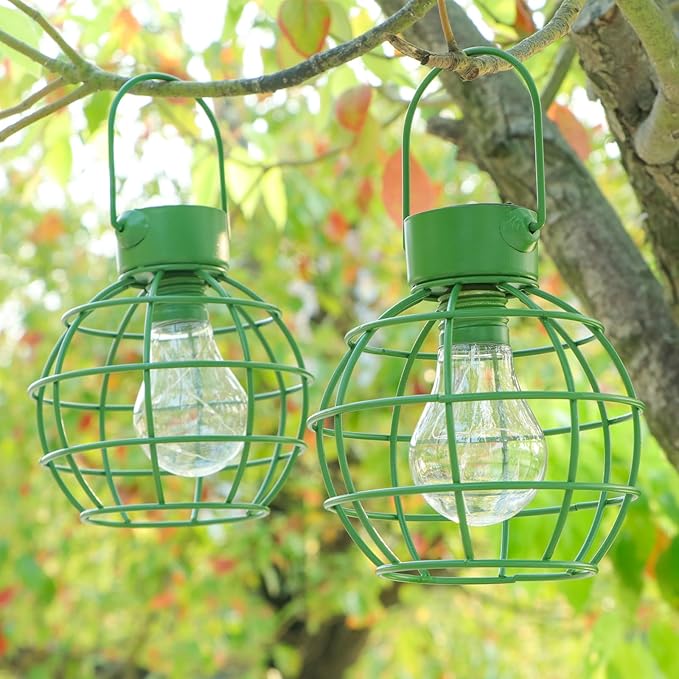2 Pack Solar Lanterns Outdoor Hanging Lights, Metal Solar Lantern Outdoor Waterproof Auto On/Off Solar Light for Patio Backyard Pathway Porch, Green