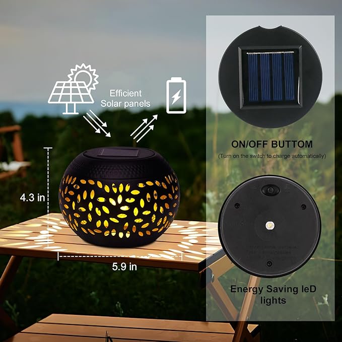 Solar Lanterns Outdoor Table Lights,2 Pack Outdoor Waterproof Decor, Hollow Out Retro Black Metal Solar Patio Lamps,Yard Porch Garden Balcony Indoor Desk Bedroom Tabletop Decorations