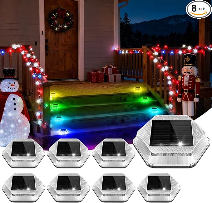 Solar Deck Dock Step Lights- 8 Packs Waterproof 1200mAh Auto ON/Off LED Solor Powered Stair Lights for Outdoor Garden, Patio, Pathway, Walkway, Driveway (Red & Green & Blue)