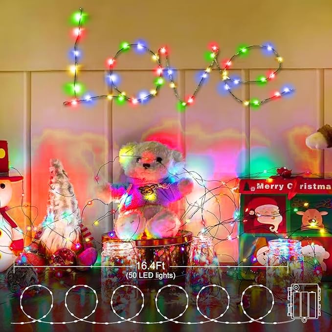 4 Pack Fairy Lights Battery Operated, 16.4 Ft 50 LED Starry Fairy Lights with Auto Timer Dark Green Copper Wire Twinkle Lights for Wedding Bedroom Christmas (Multicolor)