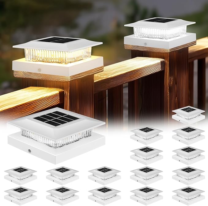 4x4 Solar Post Cap Lights 16 Pack, Fence Post Solar Lights with Warm White/Cool White, Only Fit 4x4 Wood/Vinyl Posts, Waterproof Outdoor Deck Post Light for Deck, Fence, Porch(White)