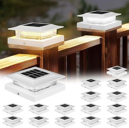 4x4 Solar Post Cap Lights 16 Pack, Fence Post Solar Lights with Warm White/Cool White, Only Fit 4x4 Wood/Vinyl Posts, Waterproof Outdoor Deck Post Light for Deck, Fence, Porch(White)