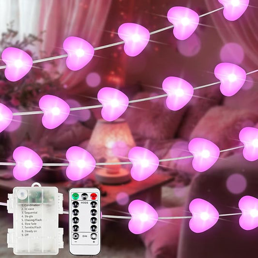 Albelt Pink Heart Fairy Lights Battery Operated with Remote, 10 FT 30 LED String Light with 8 Modes & Timer for Outdoor Indoor Anniversary Wedding Valentines Mother's Day Decor, Gift for Mom or Girls