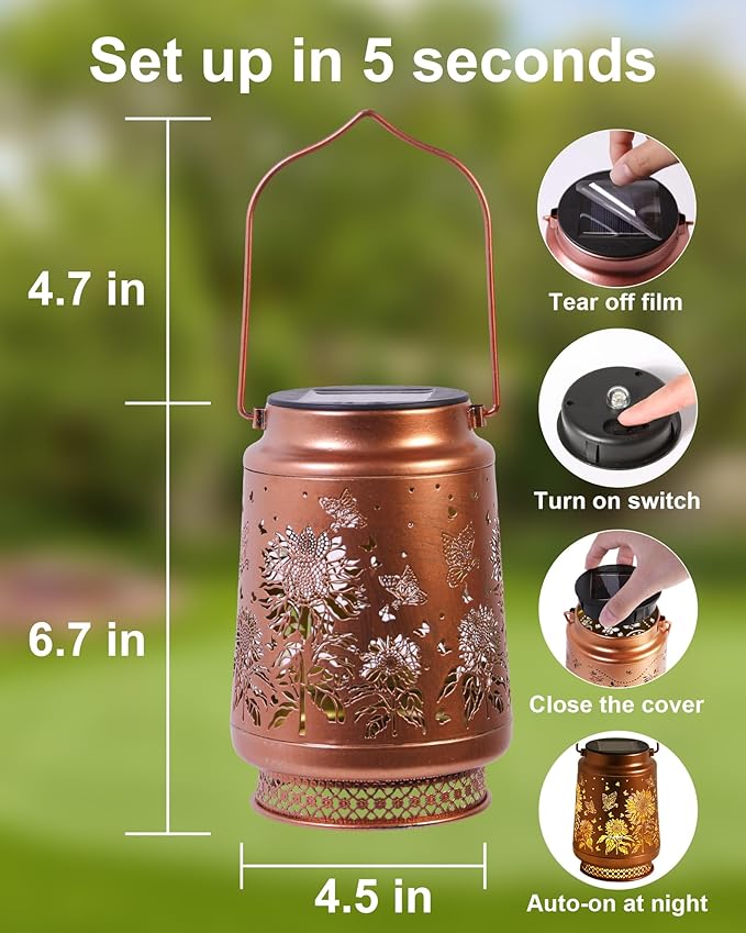 2 Pack Sunflower Solar Lanterns Outdoor Waterproof, Garden Decor Birthday Gifts for Women Mom Grandma Sister, Metal Hanging Solar Lights Outside Decorative for Backyard Patio Lawn Pathway Landscape