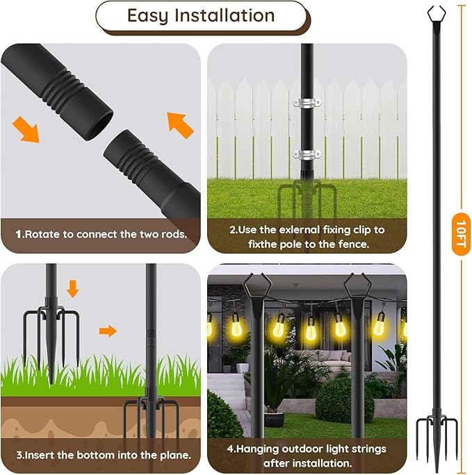 Heavy-Duty String Light Poles 8-Pack, 10ft Deck