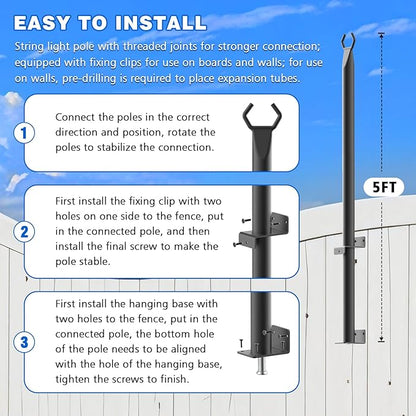 zoegi 6 Pack 5FT String Light Poles,Light Poles for Outside Lights with Fork,Outdoor Brackets Hanging Lights,Metal Stand for Deck Patio,Backyard,Wedding,Deck,Party