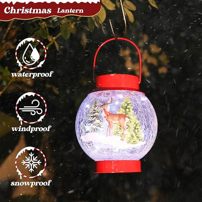 MUMTOP Solar Lantern Christmas Reindeer Light, Crackle Glass Christmas Lanterns Hanging Solar Lights Outdoor LED Waterproof Tabletop Lamp for Table Yard Garden Patio Lawn Christmas Decor