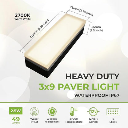 LUMENGY Paver Light 3x9 Inch (2.95x8.85), 2700K Warm White, Glare-Free Brick Lighting for Driveways, Walkways, Pool Decks and Patios, 12V Hardwired, IP67 Waterproof, Drive-Over Rated