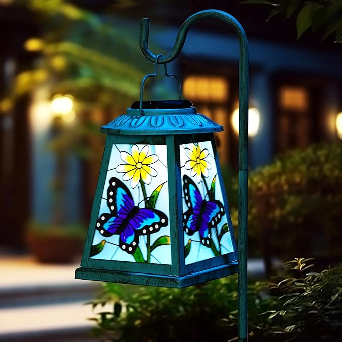 Butterfly Solar Lantern with Shepherd Hook, Outdoor Hanging Metal LED Garden Light Waterproof for Patio Yard Pathway, Butterfly Lantern Decor and Christmas Holiday Gift for Mom Grandma Women